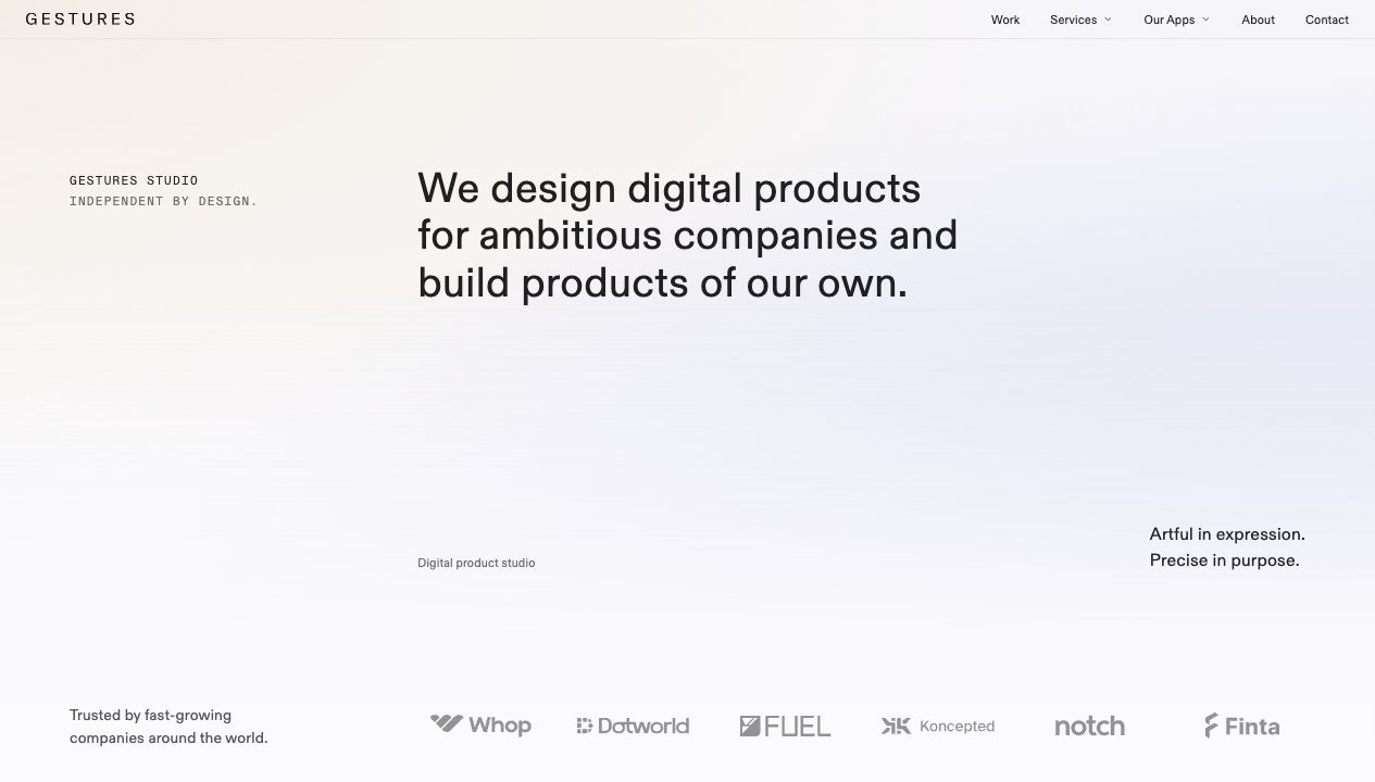 Gestures Studio web sitesinin tanıtım ekranı